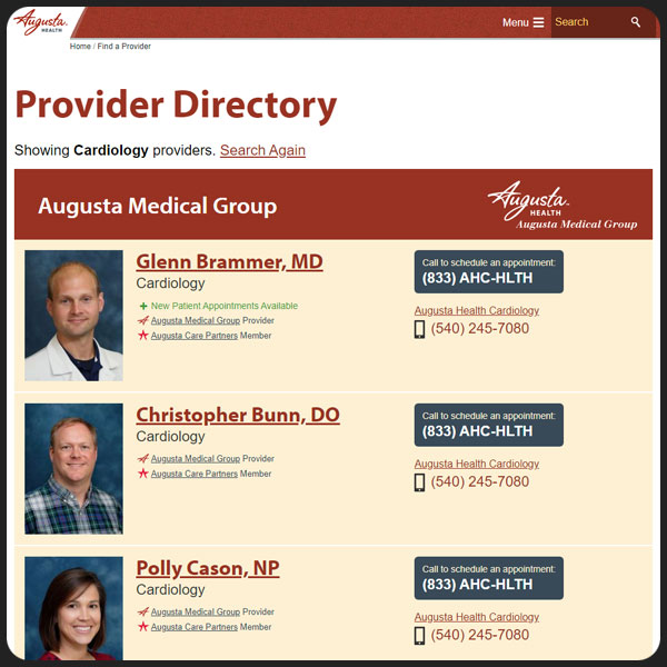 Provider directory search listing